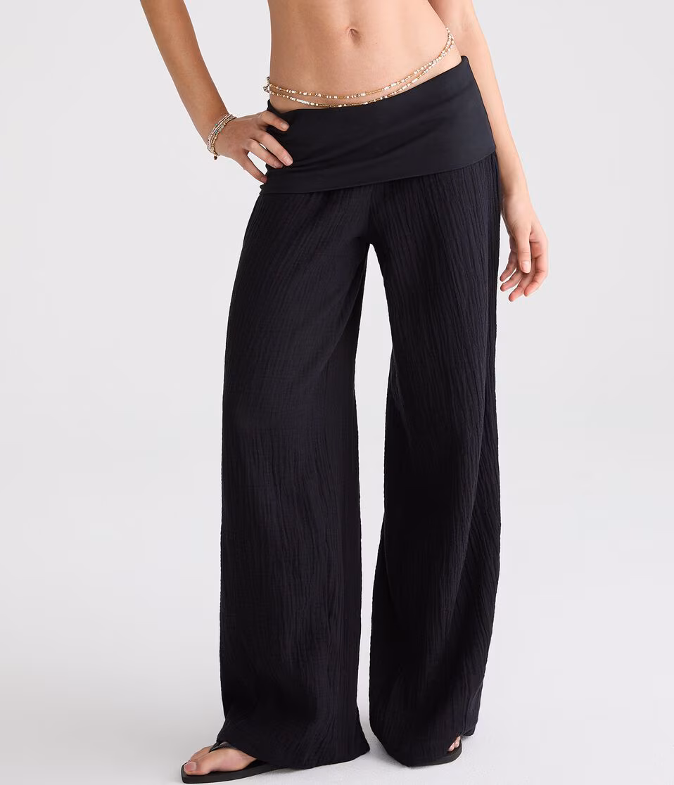 Low-Rise Gauze Fold-Over Wide Leg Pants